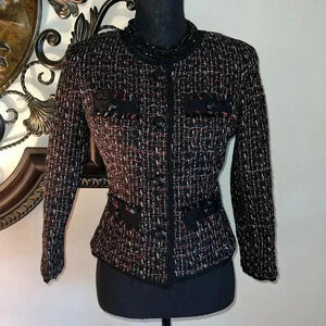 Talbots Women’s Tweed Fringe Blazer with Signature Accent Buttons Collarless